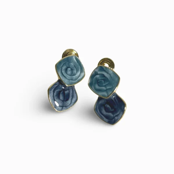 Stacked Squares Blue Tone Long Clip-On Ear Studs